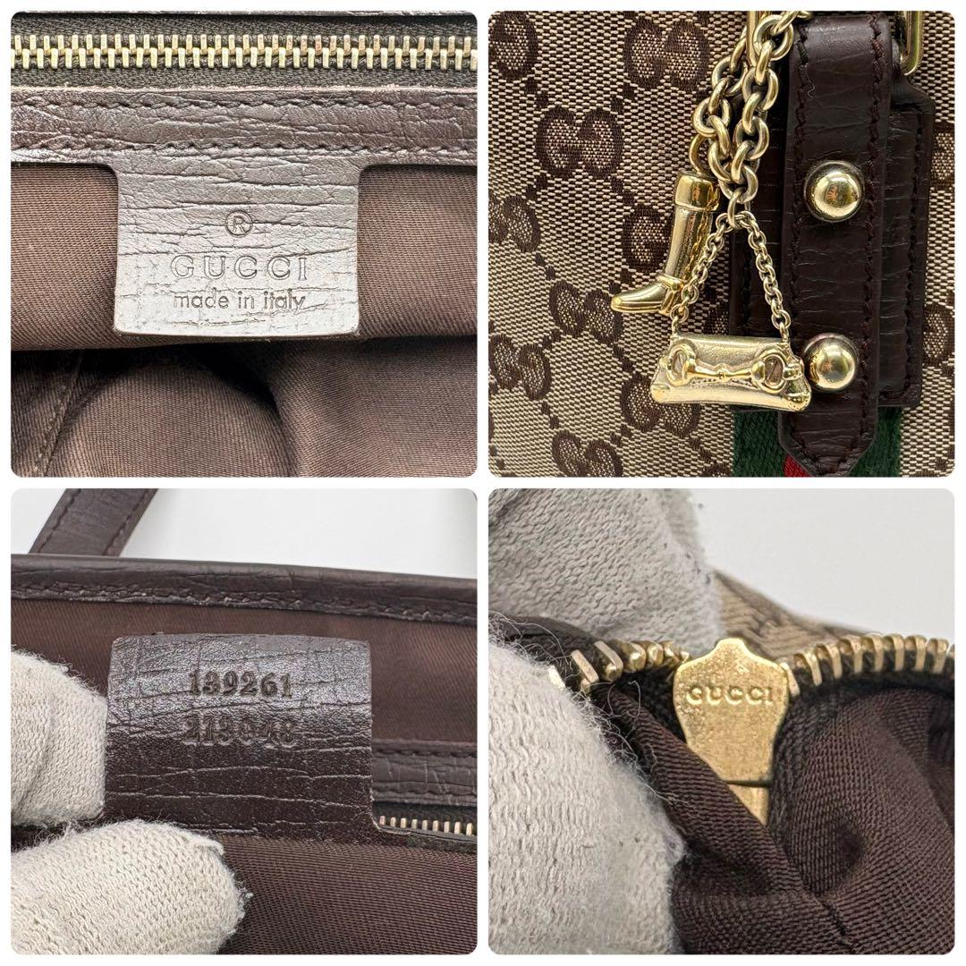 美品✨グッチ ハンドバッグ ミニトート GG柄 シェリーライン ダークブラウン