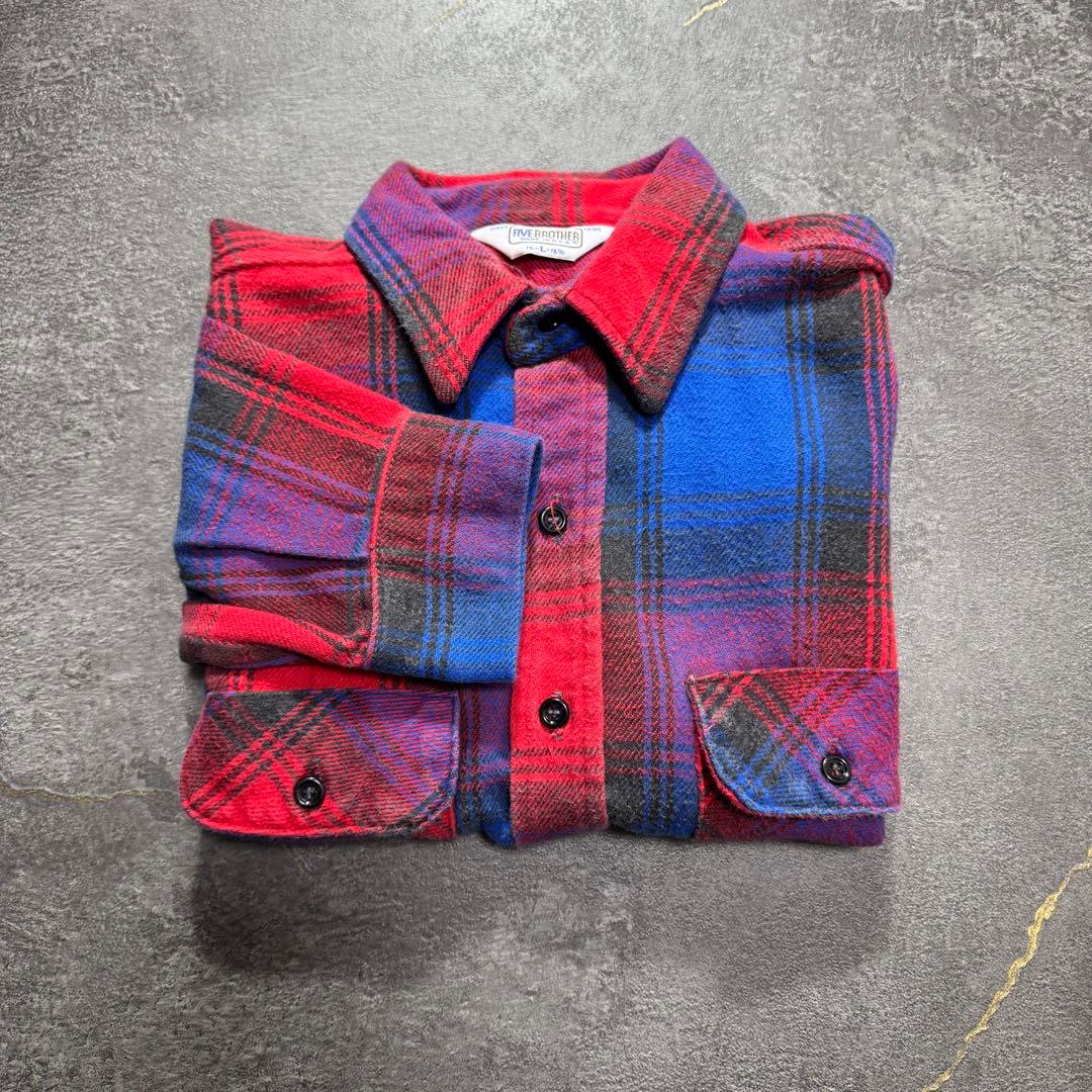 80sUSA製ファイブブラザーヘビーネルシャツヘビネル赤黒オンブレチェックL古着
