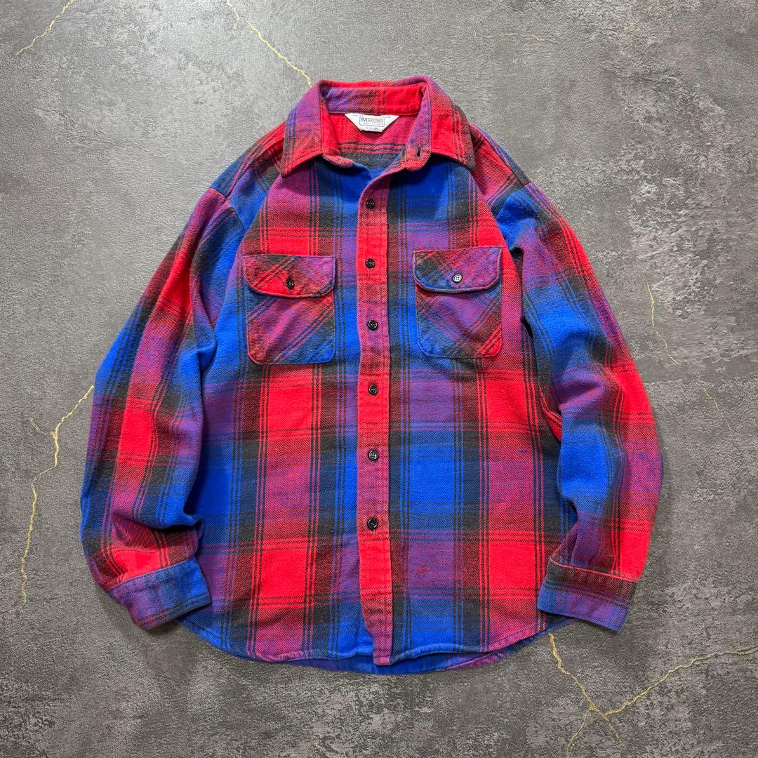 80sUSA製ファイブブラザーヘビーネルシャツヘビネル赤黒オンブレチェックL古着