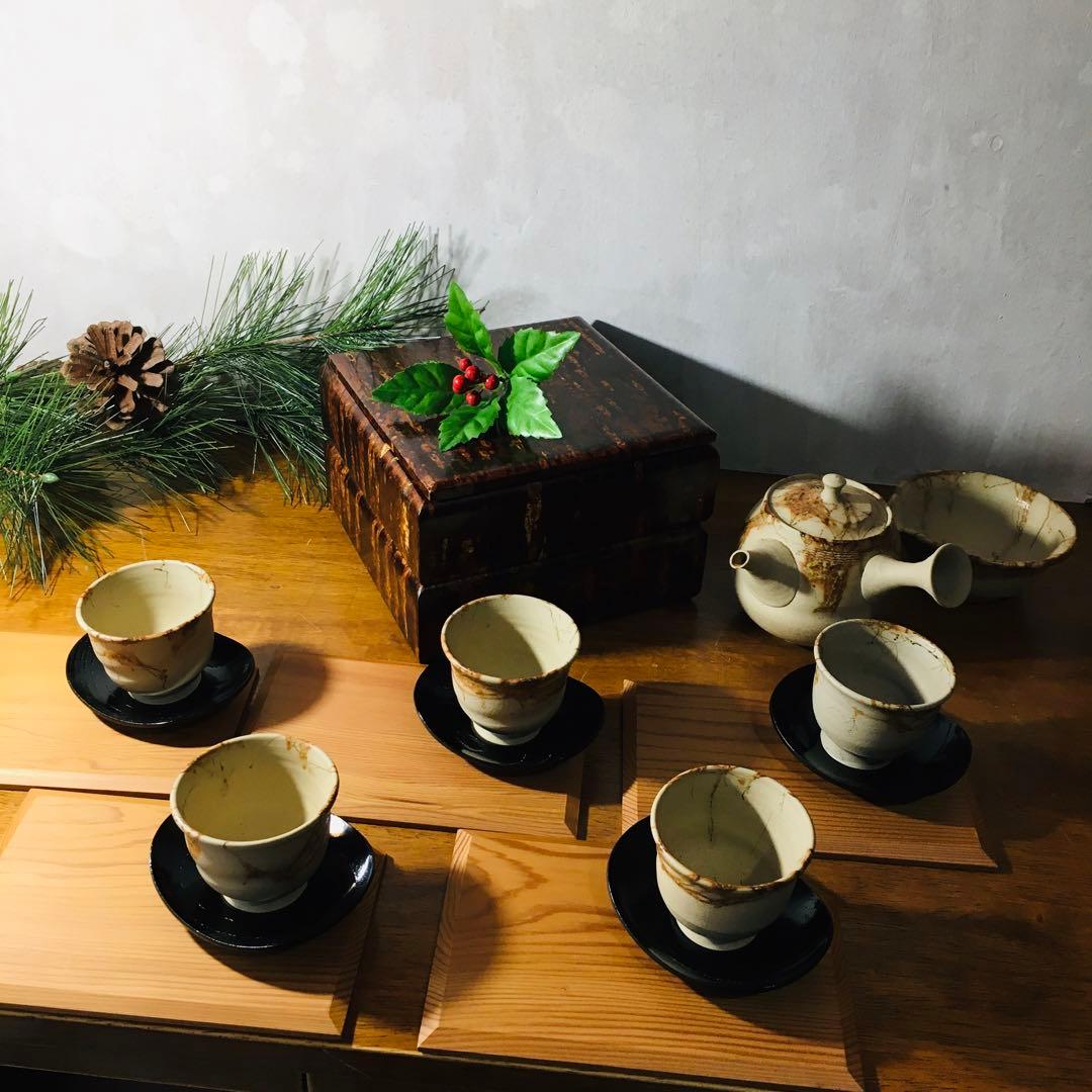 【新品未使用品】常滑焼 　谷川仁　白泥藻掛　煎茶器揃　茶托付き　共箱なし