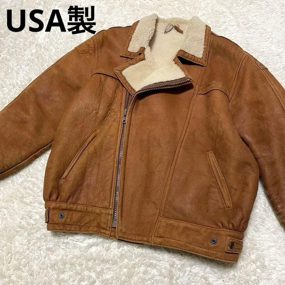 希少‼️USA製 ムートンライダースジャケット　ブラウンレザー　ダブル　ボア襟付き