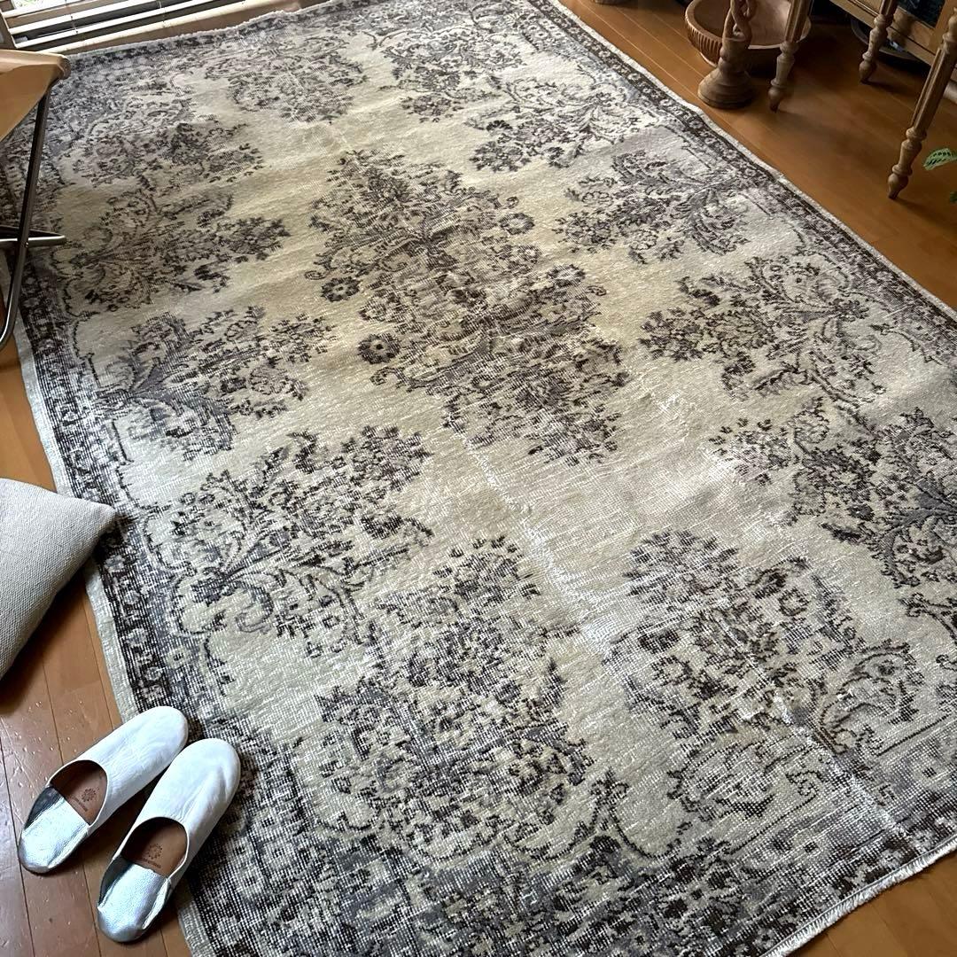 超大判173×272 クリーム×ブルーグレイ×ブラウン　トルコヴィンテージラグ