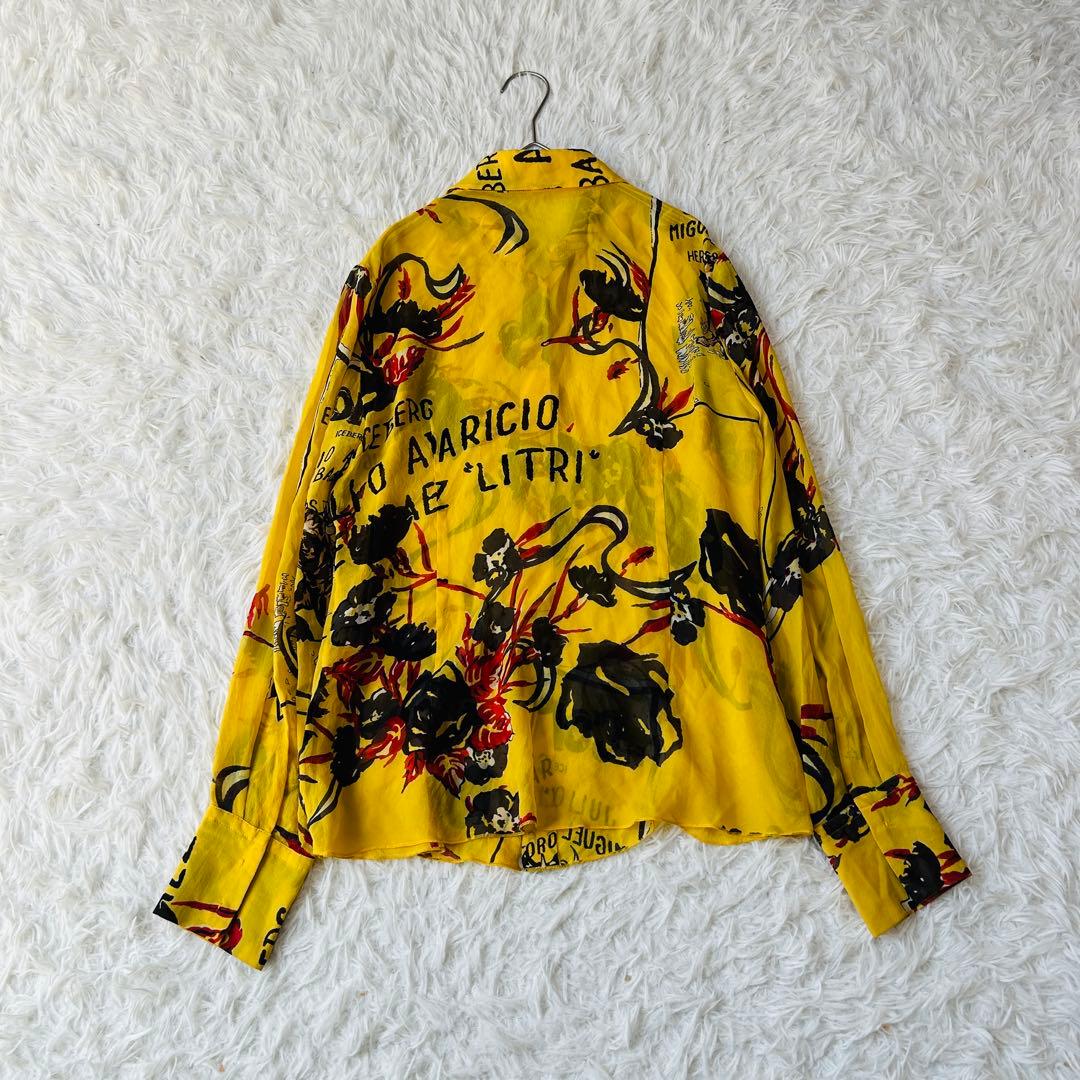 ICEBERG イタリア製 シルク 総柄 長袖シャツ イエロー M相当 620