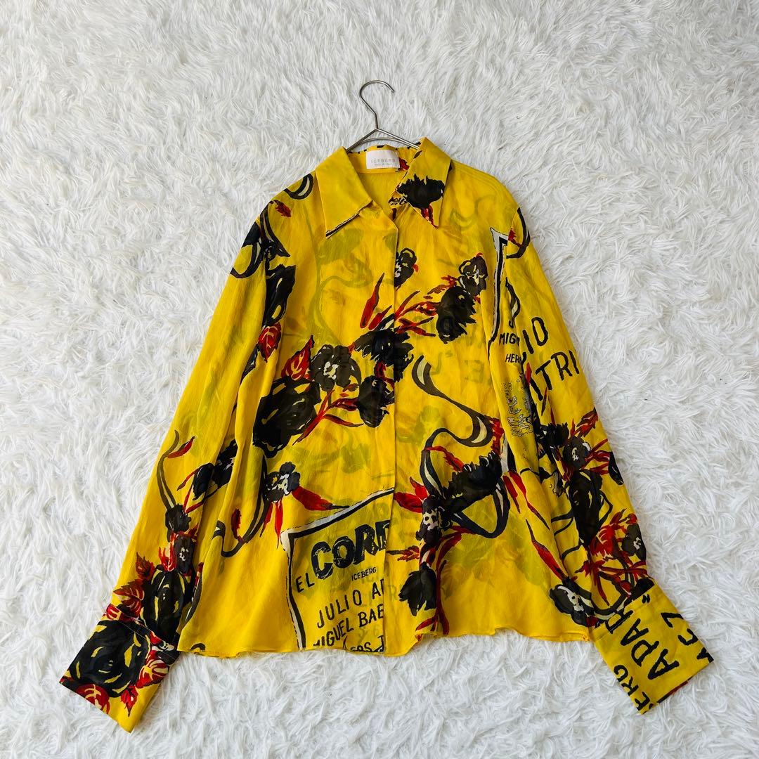 ICEBERG イタリア製 シルク 総柄 長袖シャツ イエロー M相当 620
