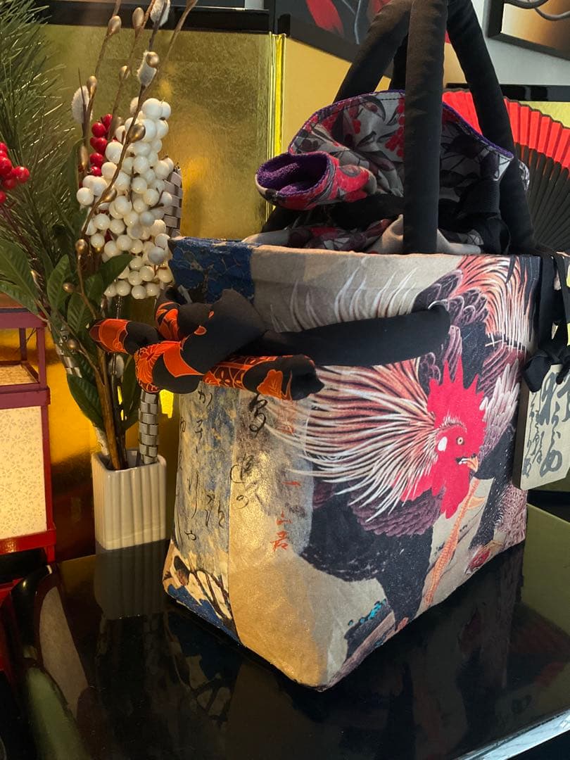 一閑張り　一閑張りバッグ　古文書　和紙　大正　着物　竹籠 伊藤若冲　紫陽花双鶏図