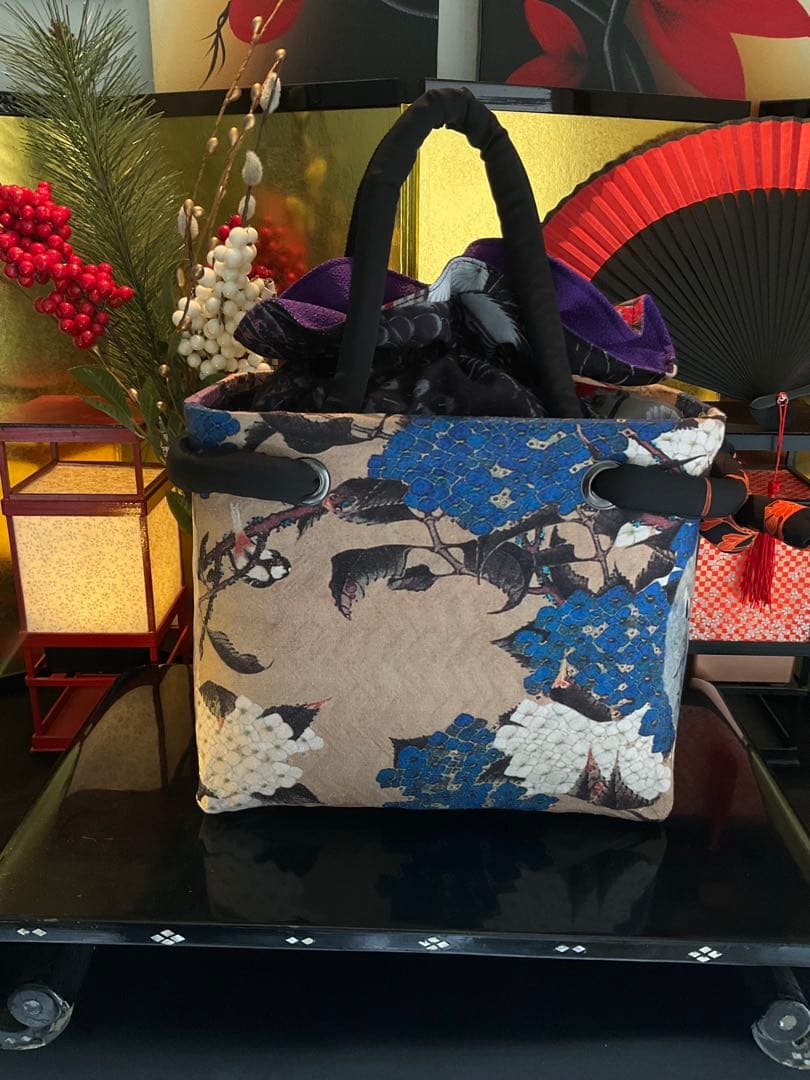 一閑張り　一閑張りバッグ　古文書　和紙　大正　着物　竹籠 伊藤若冲　紫陽花双鶏図