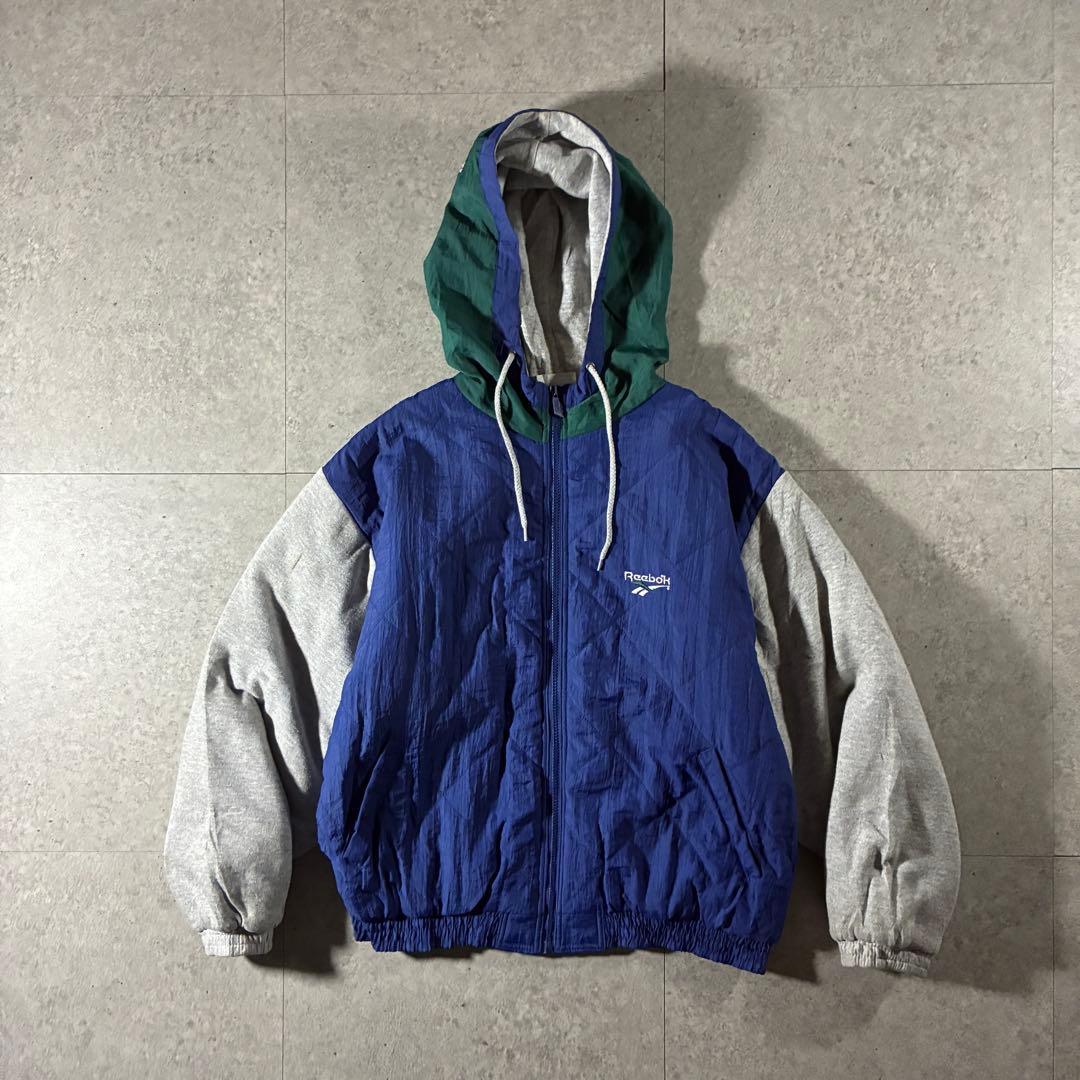90s reebok中綿キルティングジャケット刺繍ロゴスウェット切替フーディ短丈