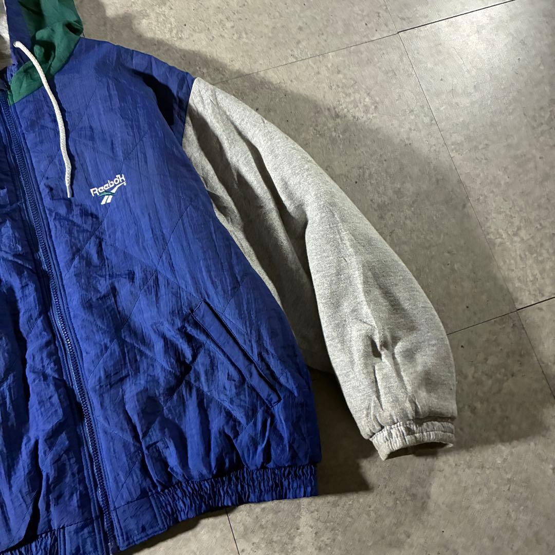 90s reebok中綿キルティングジャケット刺繍ロゴスウェット切替フーディ短丈