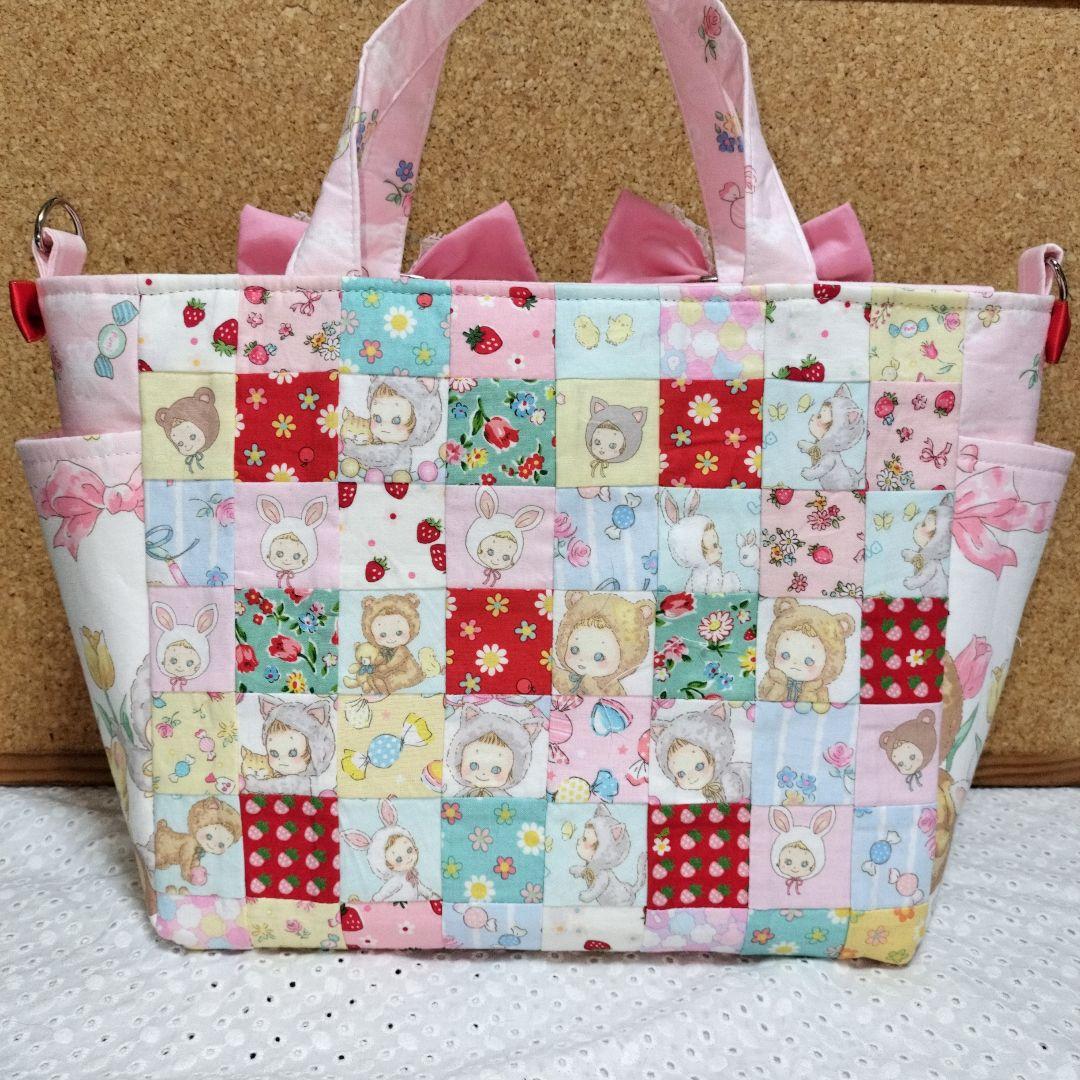 パッチワークサイドポケット付き２wayトートバック