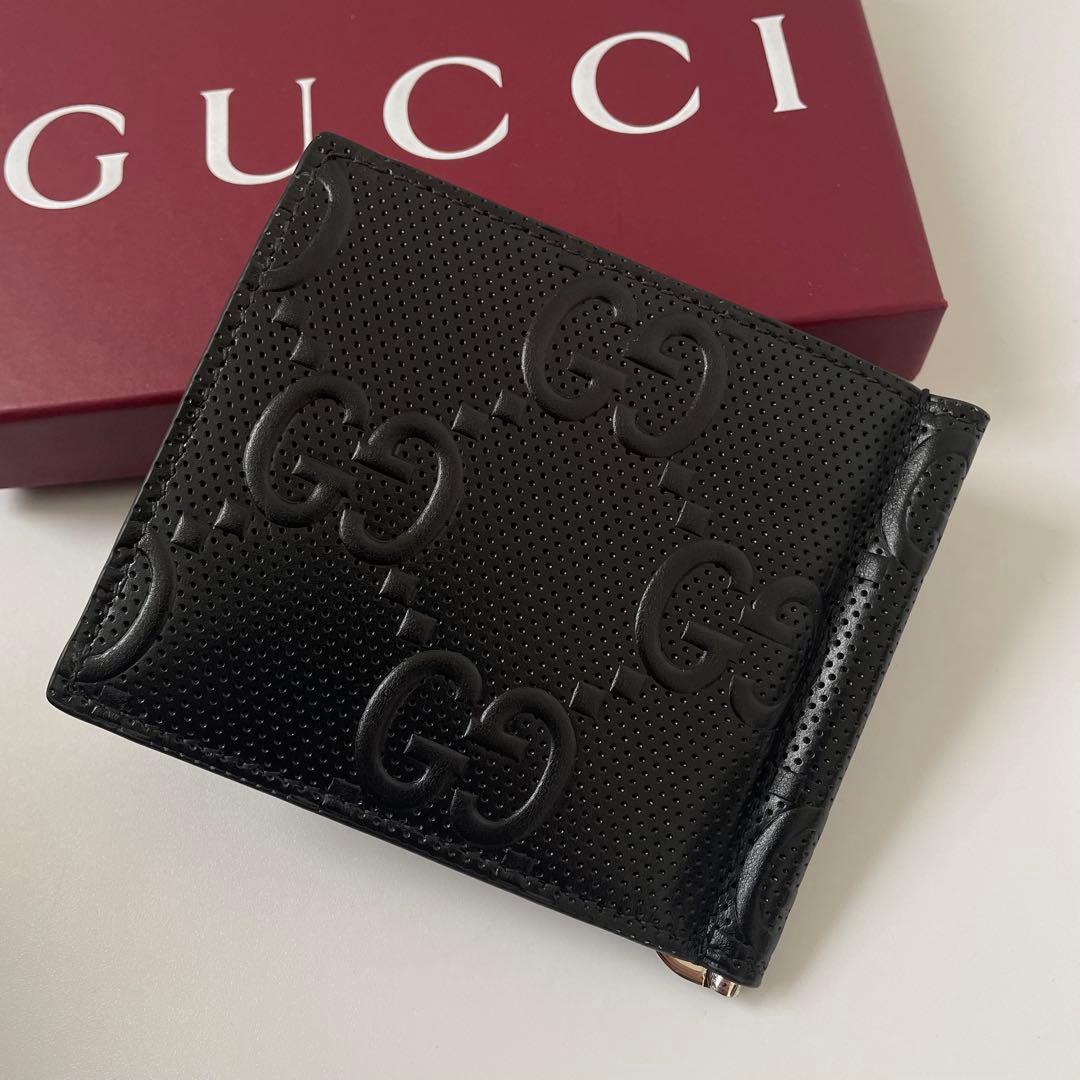 【未使用】グッチ マネークリップ GG エンボス レザー 黒 676656