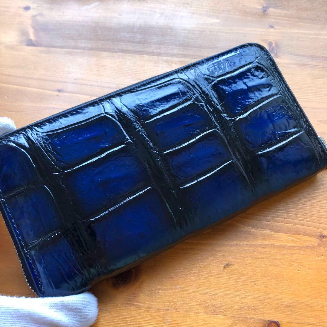 本物　クロコダイル　シャムワニ　 長財布 ワニ革 一枚革　青ブルー