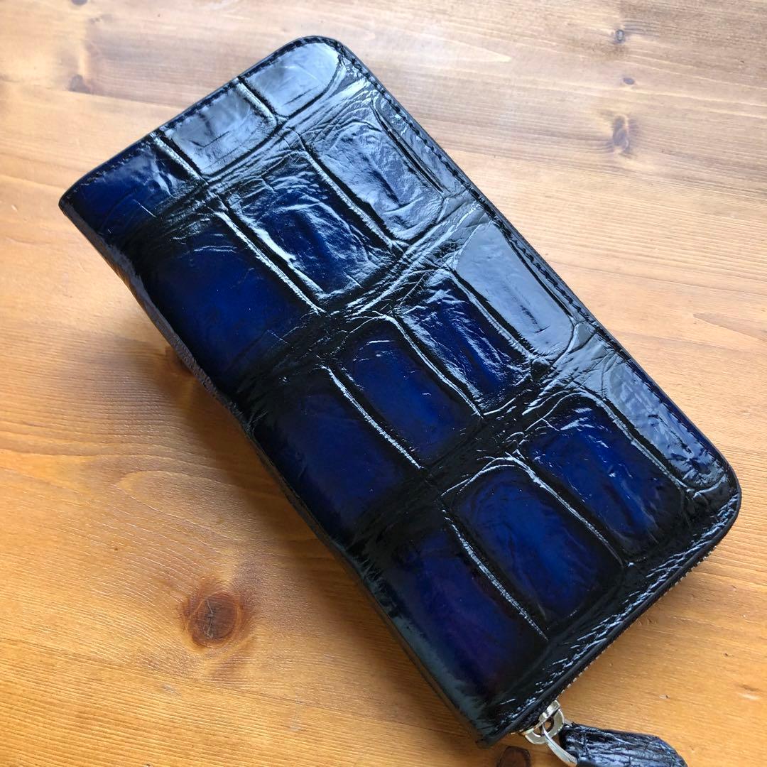 本物　クロコダイル　シャムワニ　 長財布 ワニ革 一枚革　青ブルー