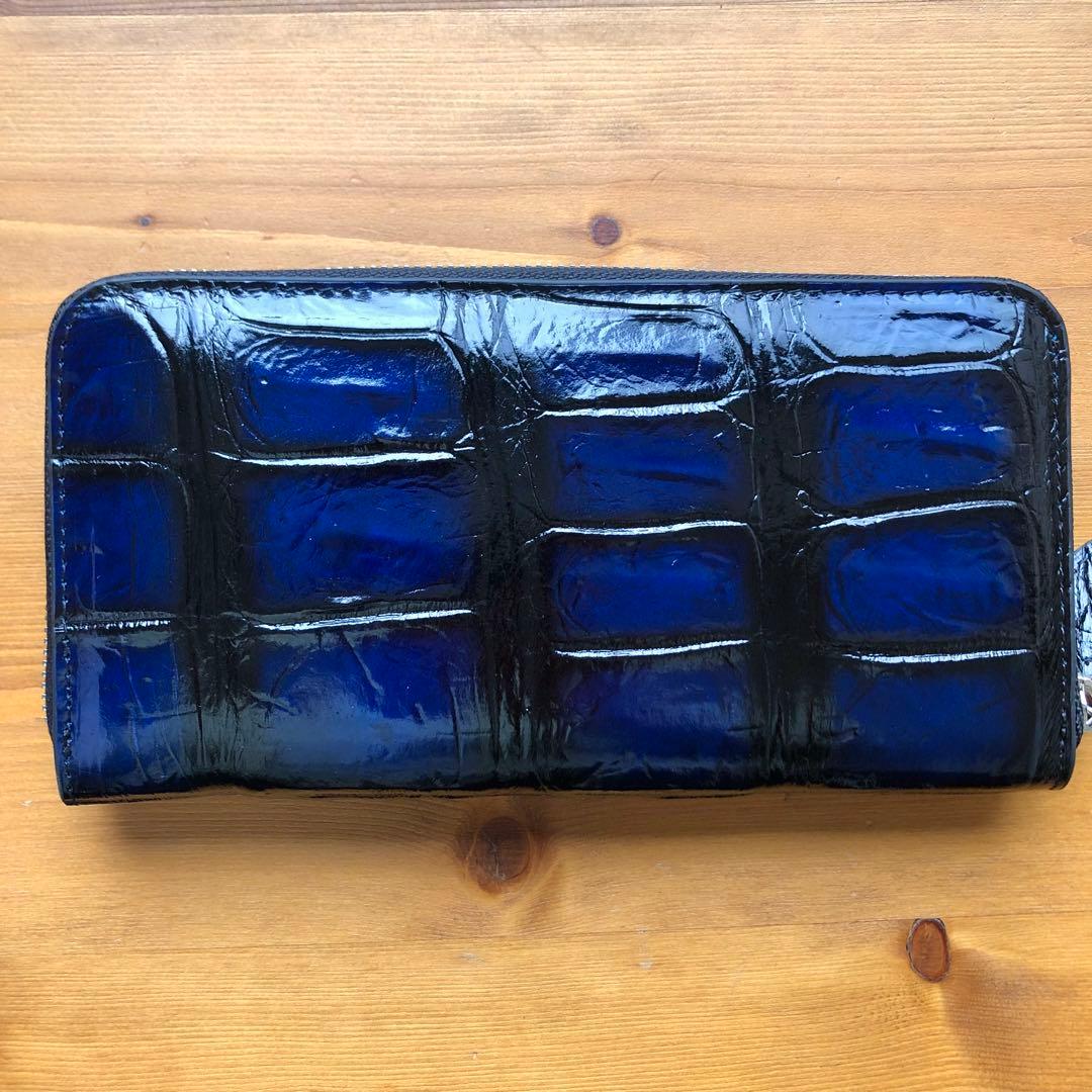 本物　クロコダイル　シャムワニ　 長財布 ワニ革 一枚革　青ブルー