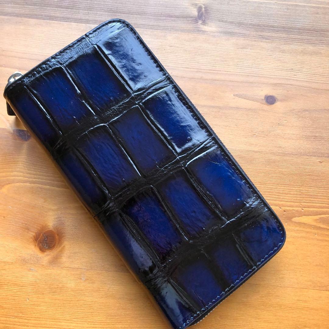 本物　クロコダイル　シャムワニ　 長財布 ワニ革 一枚革　青ブルー