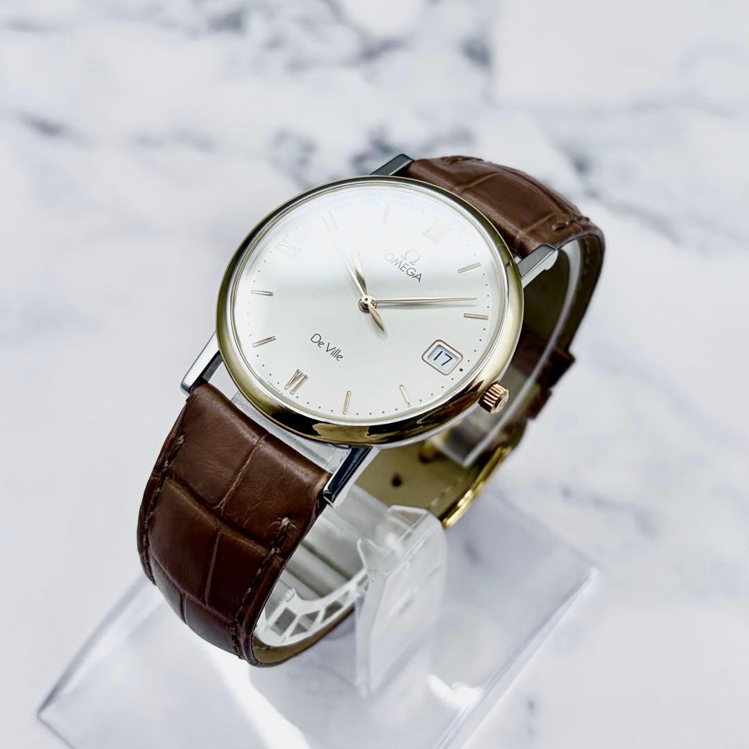 【美品】オメガ デヴィル K18YG リーフ針 7420.33 純正本革ベルト