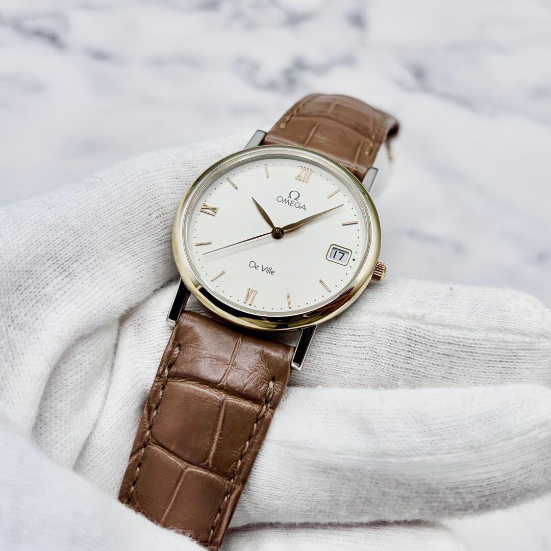 【美品】オメガ デヴィル K18YG リーフ針 7420.33 純正本革ベルト