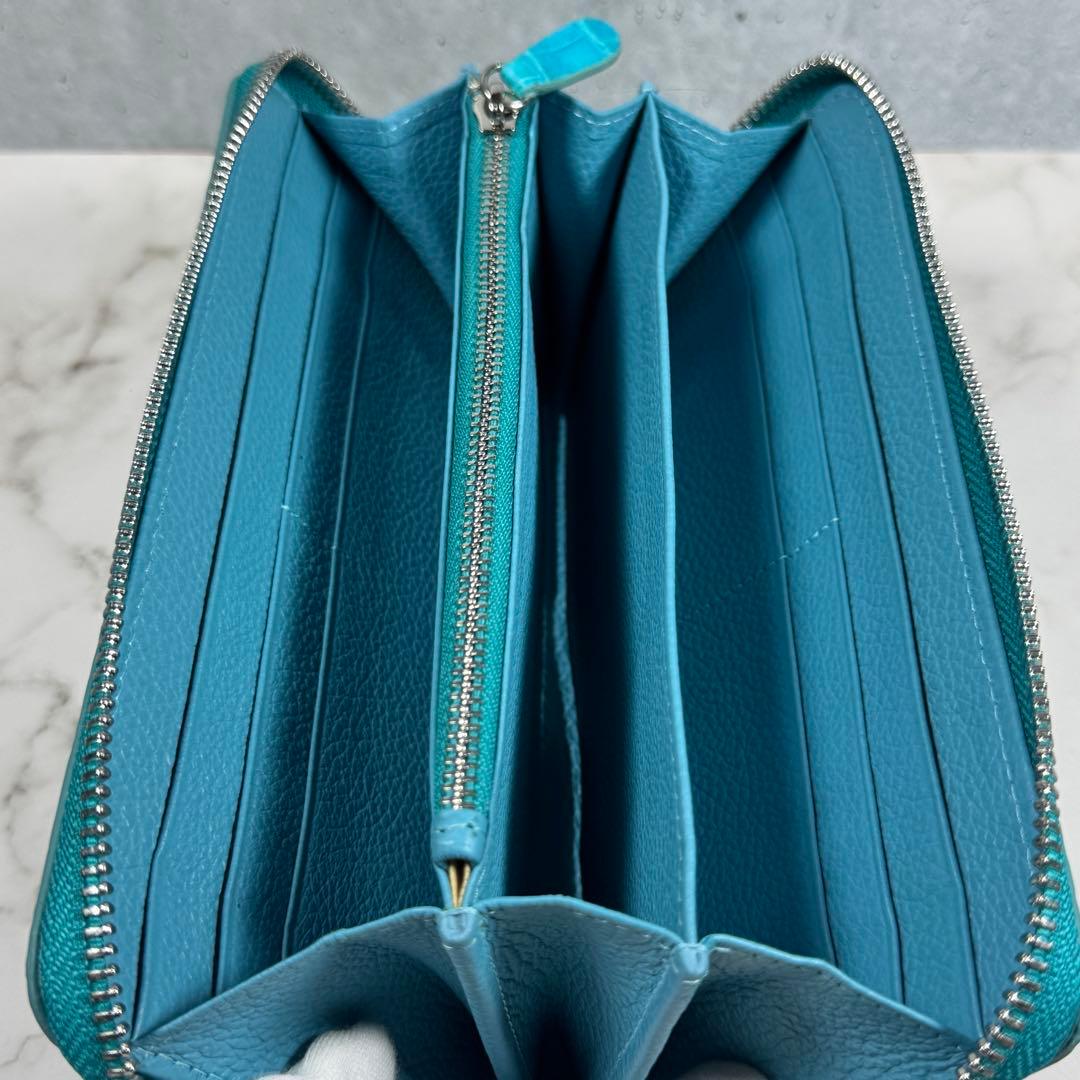 クロコダイル 長財布 ターコイズブルー マット仕上げ シルバーファスナー