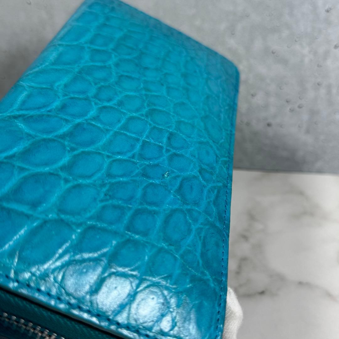 クロコダイル 長財布 ターコイズブルー マット仕上げ シルバーファスナー