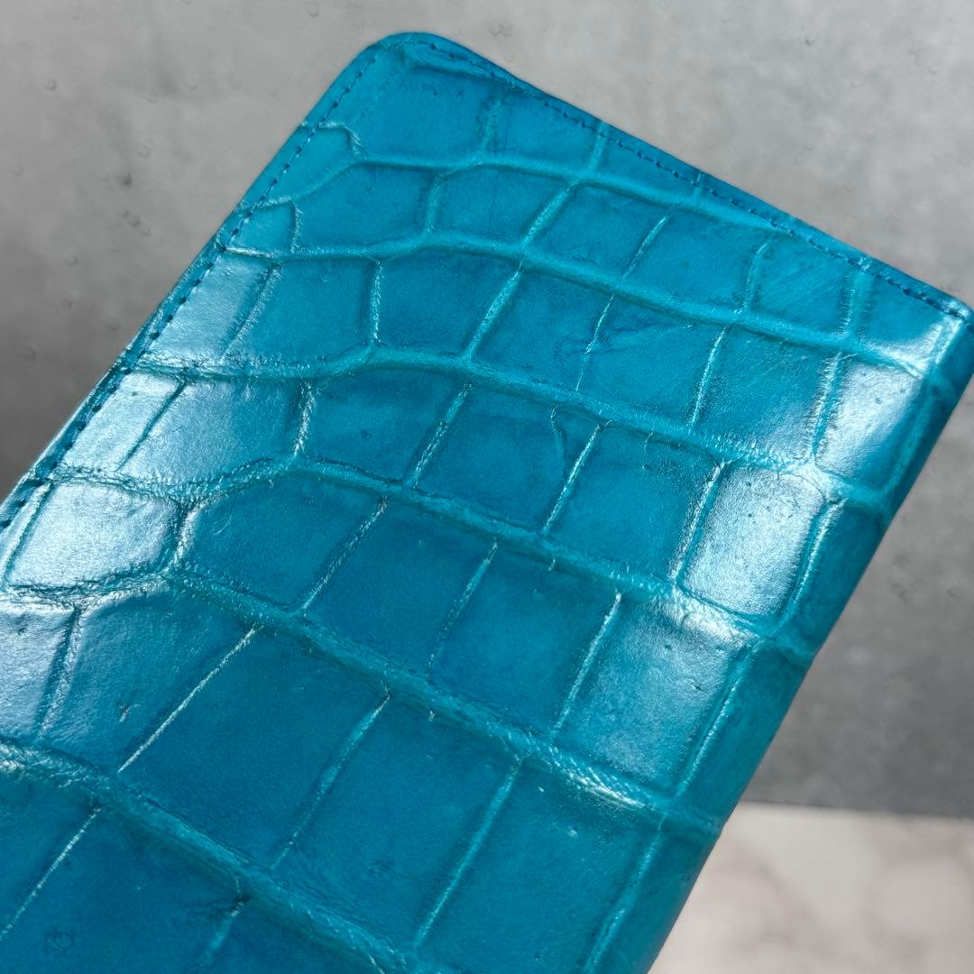 クロコダイル 長財布 ターコイズブルー マット仕上げ シルバーファスナー