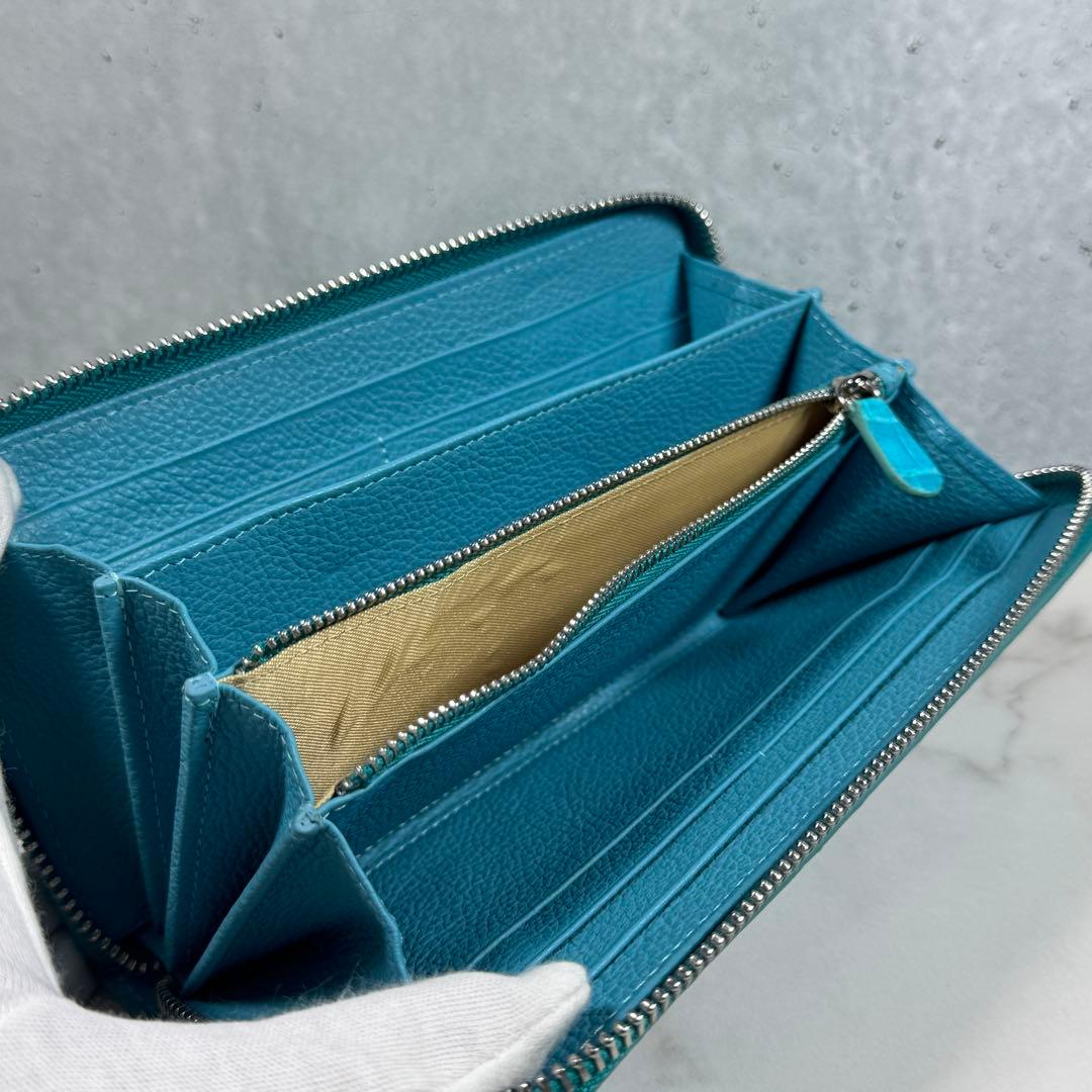 クロコダイル 長財布 ターコイズブルー マット仕上げ シルバーファスナー