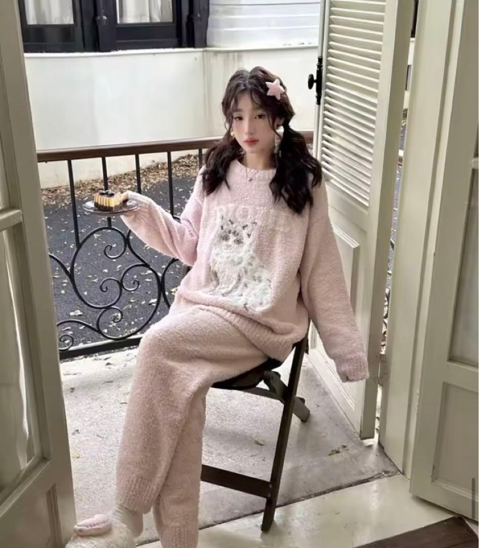 新品！ジェラピケお好きな方に！キャットのプルオーバーふわもこ上下セットピンク