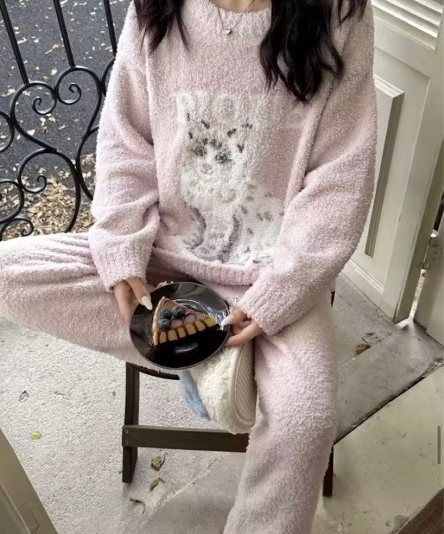 新品！ジェラピケお好きな方に！キャットのプルオーバーふわもこ上下セットピンク