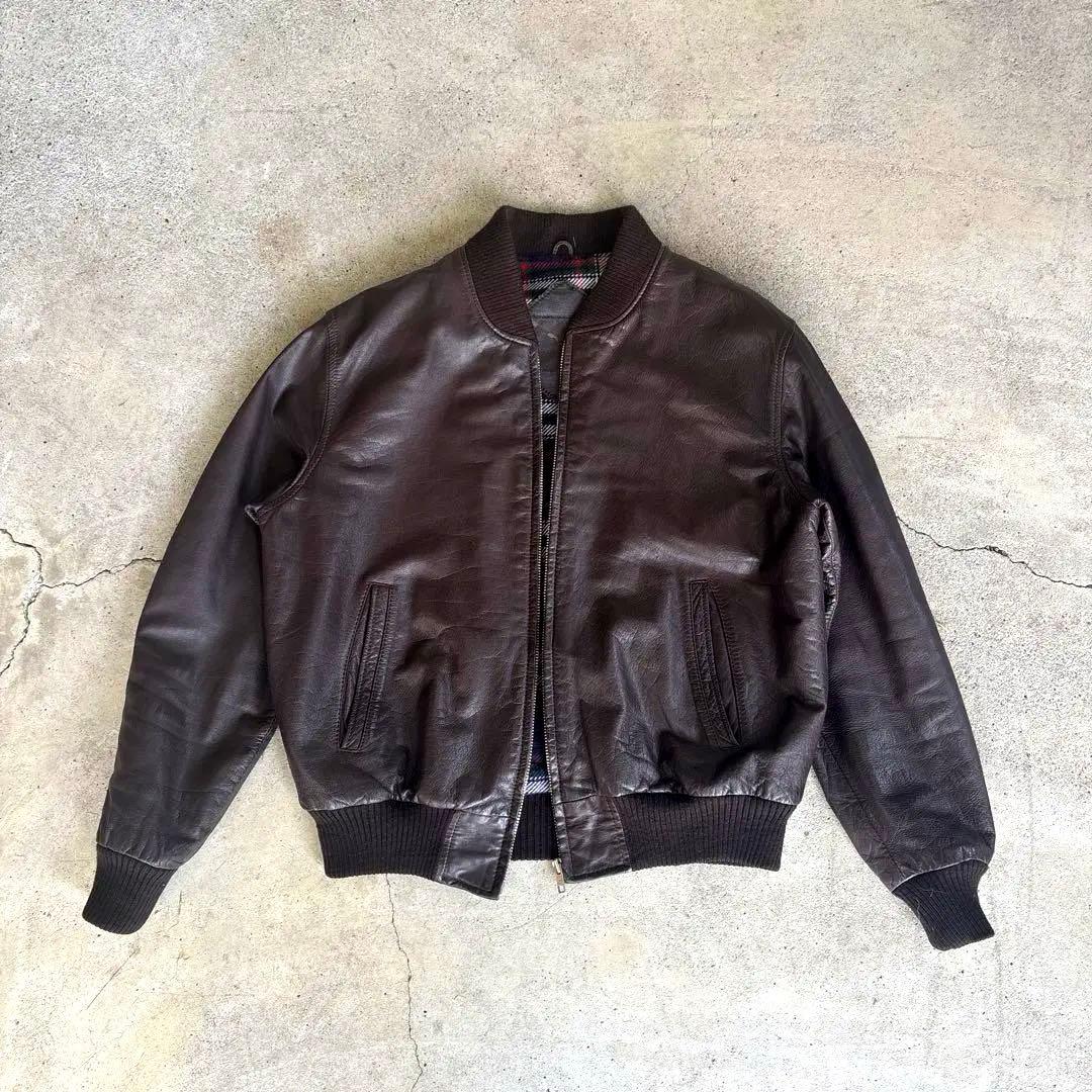 90s 短丈 レザージャケット MA-1型 ブラウン チェック柄 古着 本革