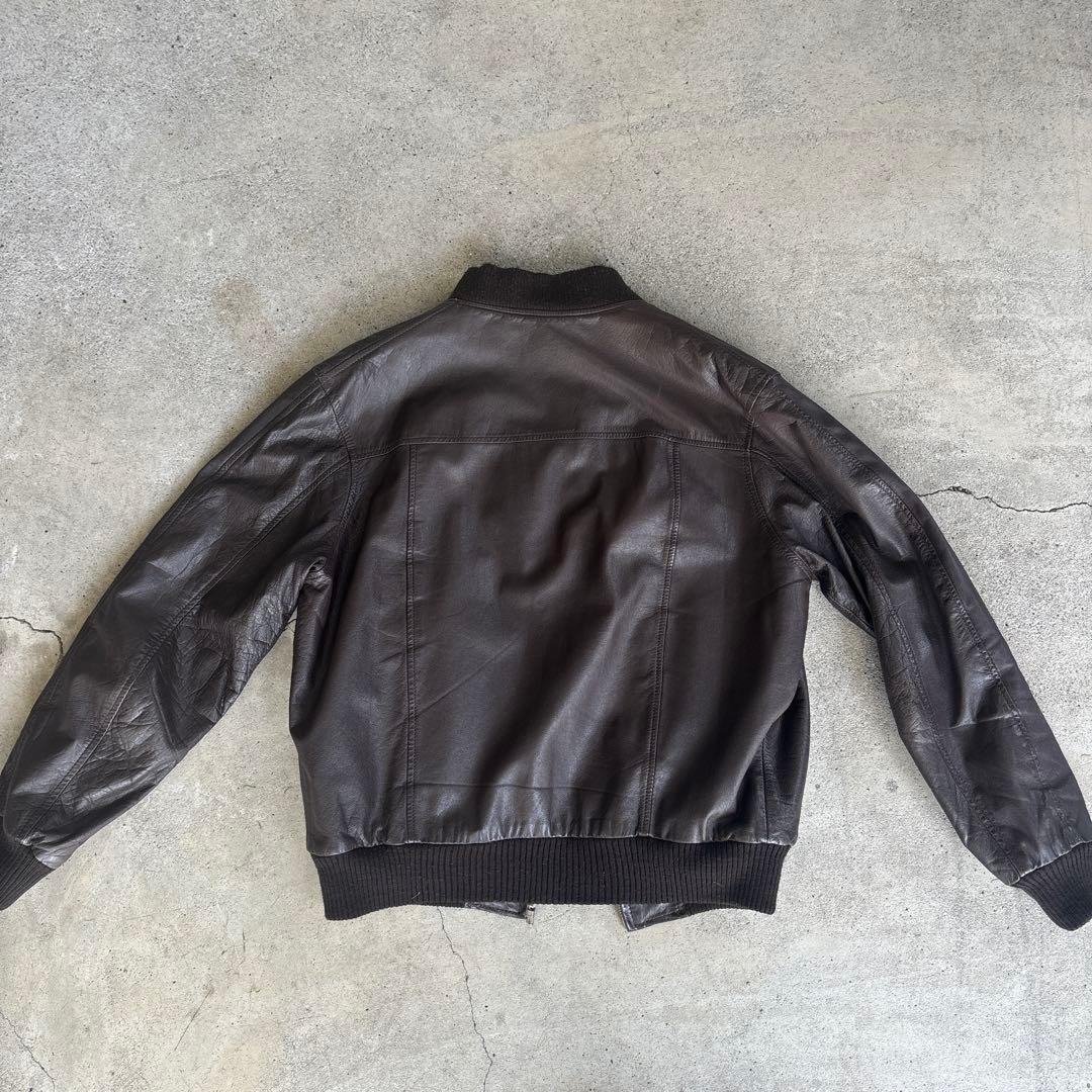 90s 短丈 レザージャケット MA-1型 ブラウン チェック柄 古着 本革