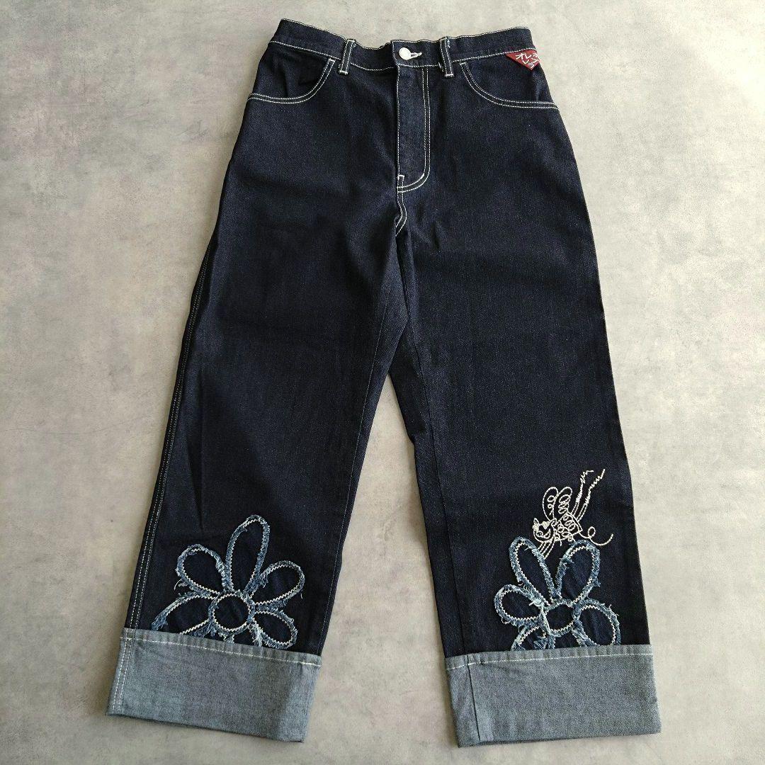 【美品】アルベロベロ　オレボレブラ　ワイドデニム　ぶたさん　刺繍　ロールアップ