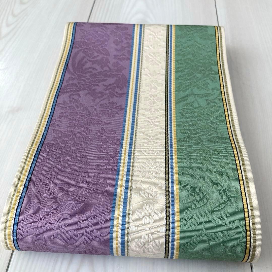 本場筑前博多織　半幅帯　織り出し　花唐草模様　縞模様　正絹　ポケット付No.45