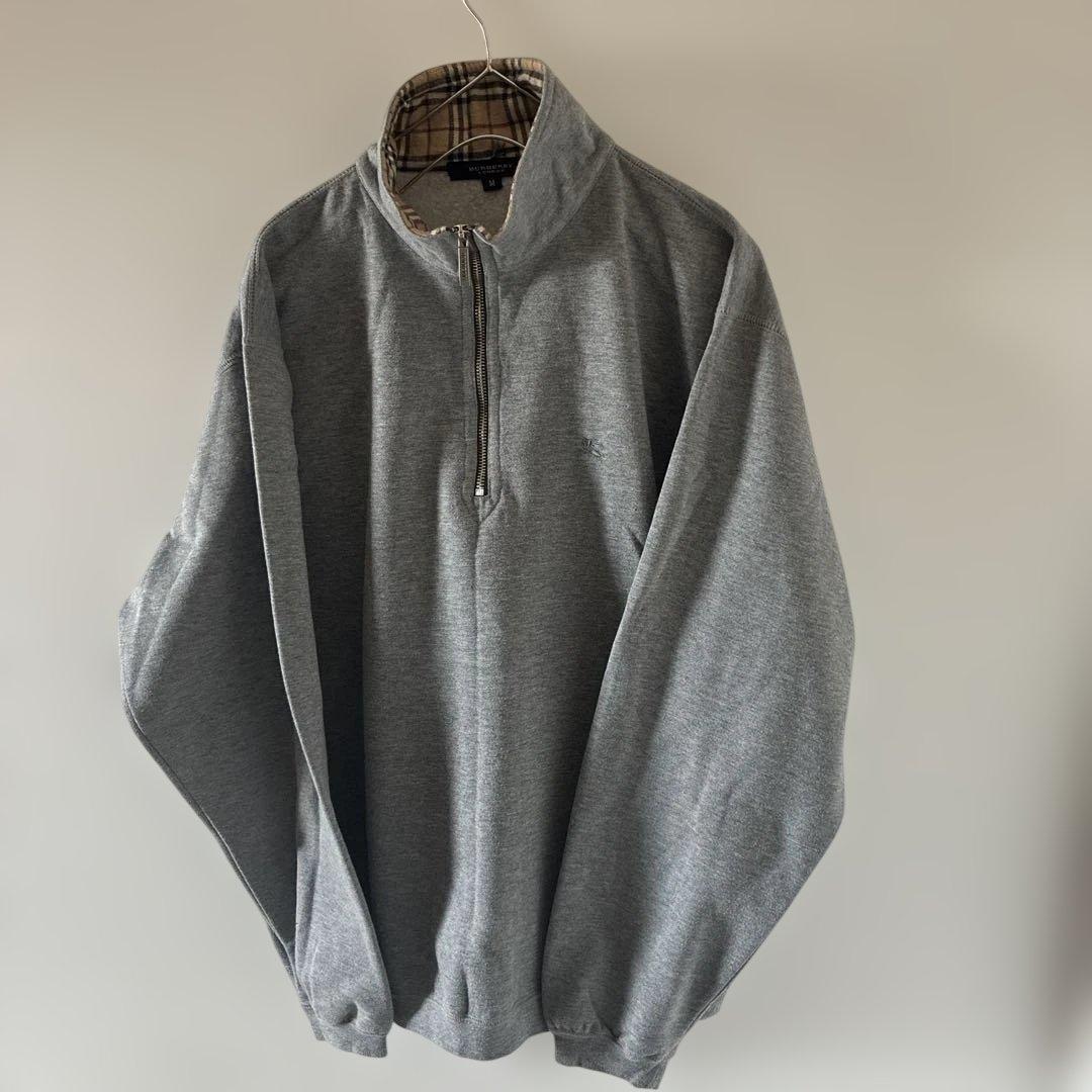 90sBurberryバーバリーハーフジップスウェットトレーナーノバチェック長袖