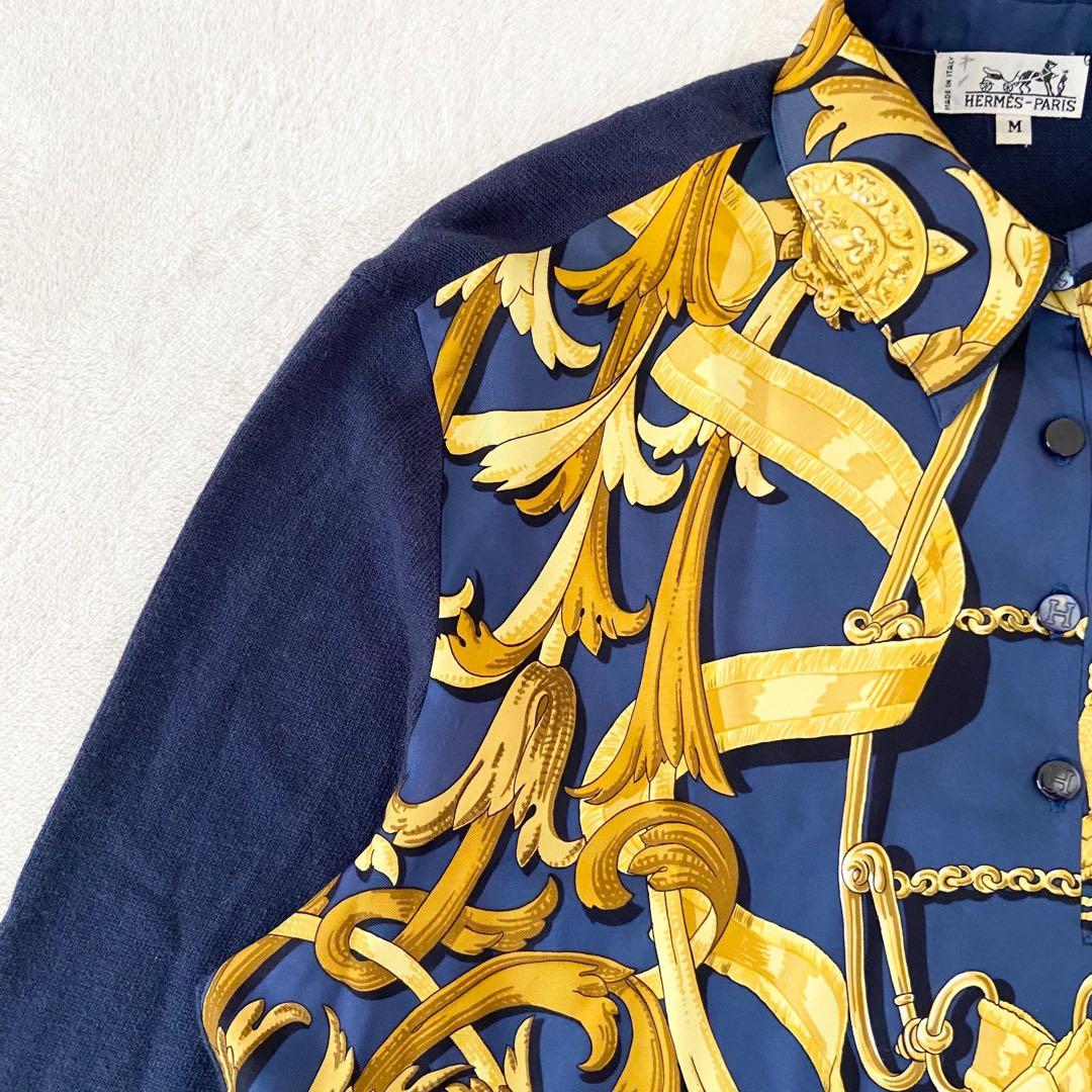 HERMES 長袖　トップス　カシミヤ バロック馬具チェーン柄 シルク切替 M
