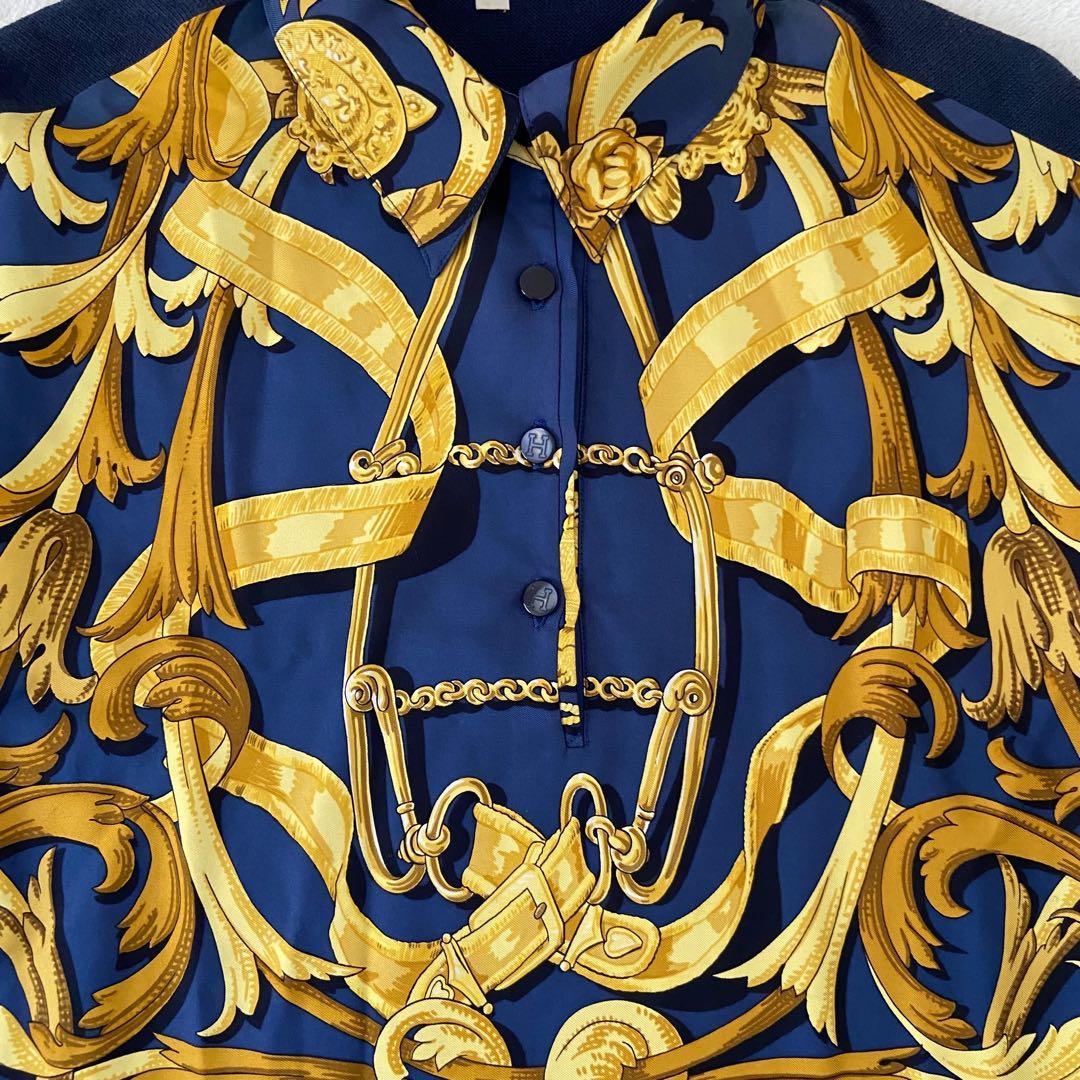 HERMES 長袖　トップス　カシミヤ バロック馬具チェーン柄 シルク切替 M