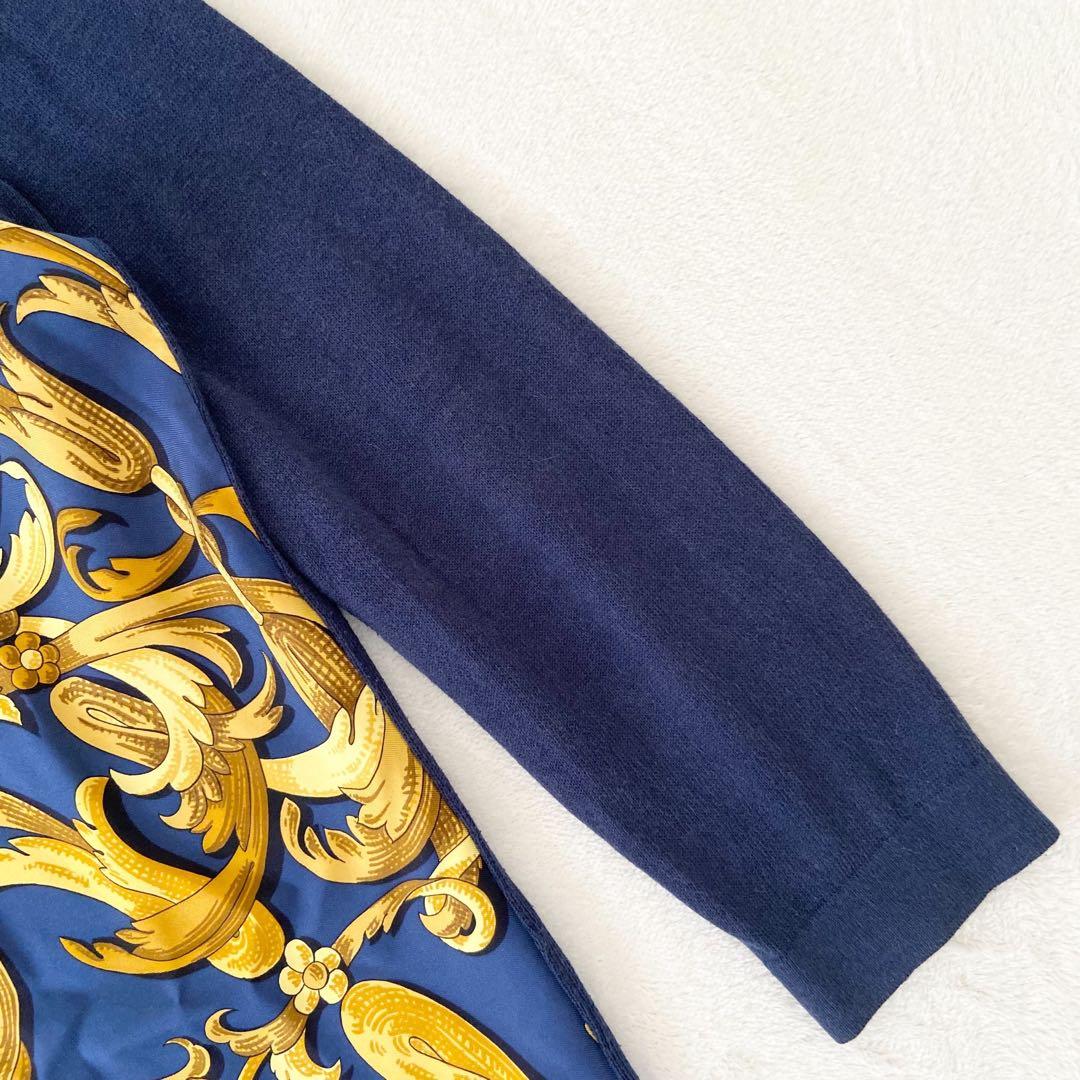 HERMES 長袖　トップス　カシミヤ バロック馬具チェーン柄 シルク切替 M