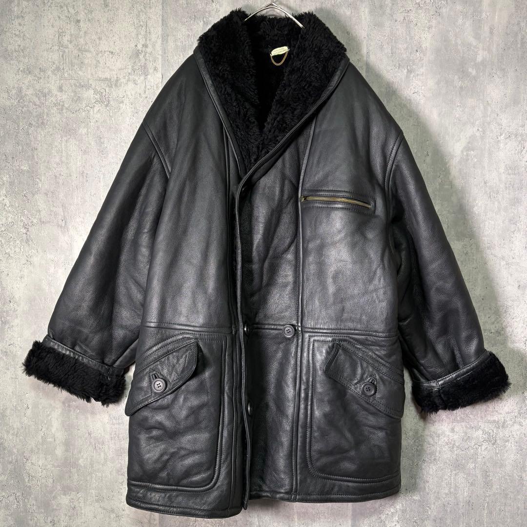 極上 イタリア製 リアル ムートン コート 黒 本革 shearling