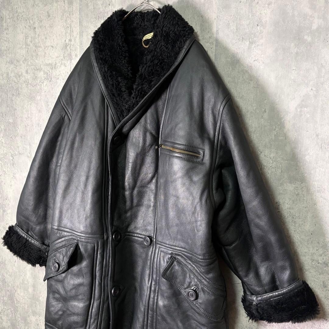 極上 イタリア製 リアル ムートン コート 黒 本革 shearling