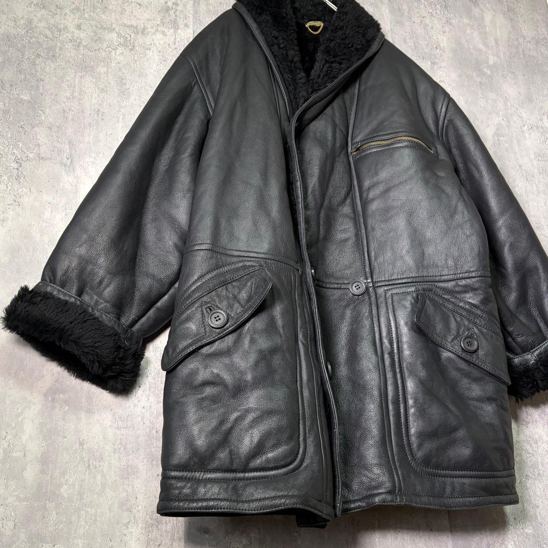 極上 イタリア製 リアル ムートン コート 黒 本革 shearling