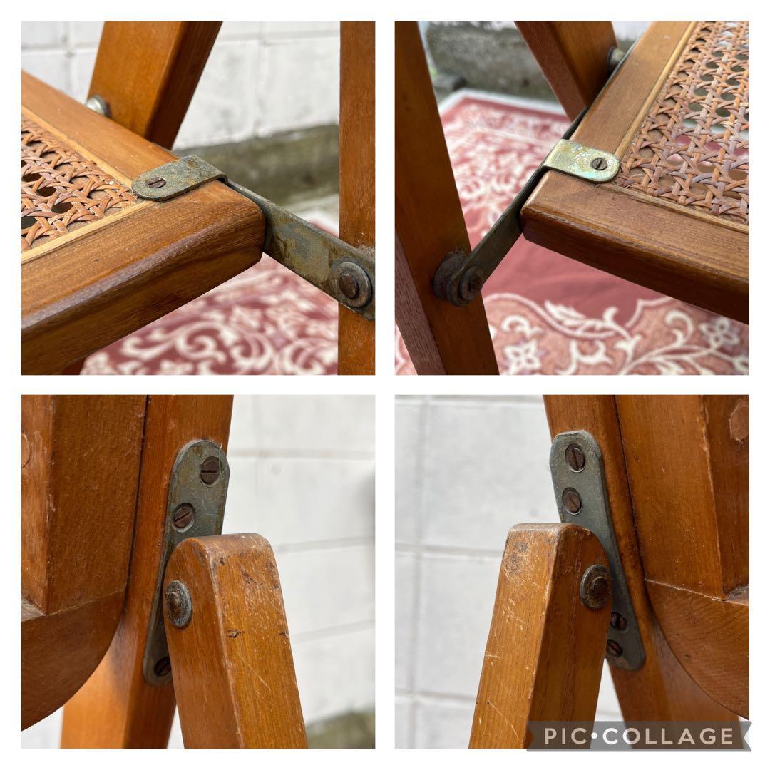 古家具ビンテージ品◾️籐ラタンパネル×木製フレーム 折りたたみ椅子 チェア B