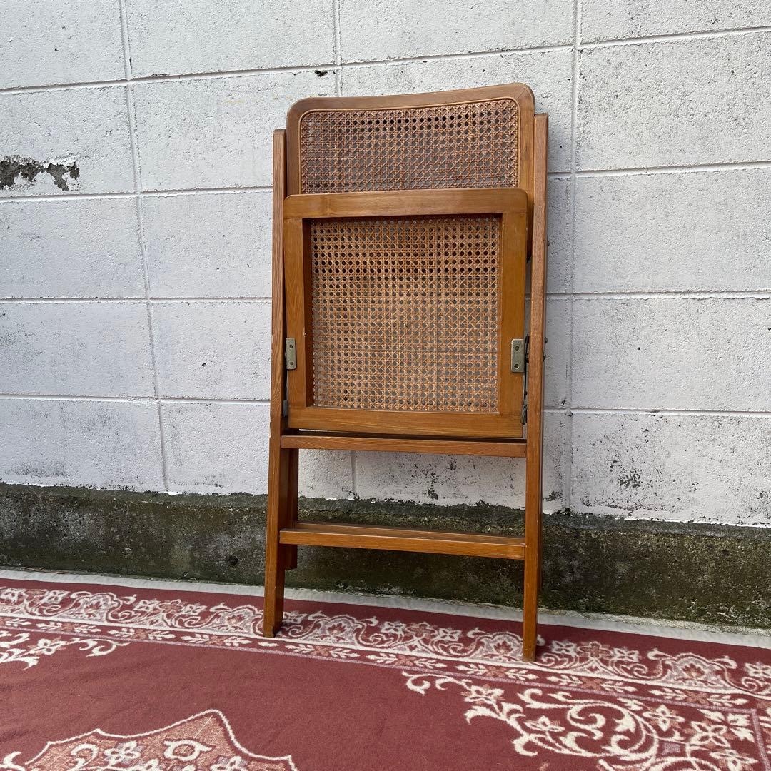 古家具ビンテージ品◾️籐ラタンパネル×木製フレーム 折りたたみ椅子 チェア B