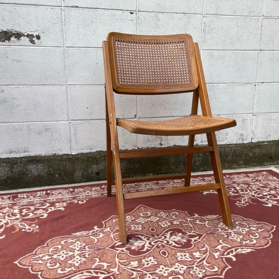 古家具ビンテージ品◾️籐ラタンパネル×木製フレーム 折りたたみ椅子 チェア B