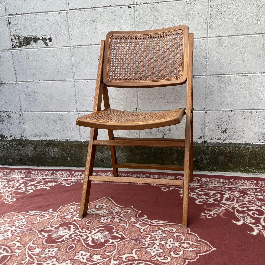 古家具ビンテージ品◾️籐ラタンパネル×木製フレーム 折りたたみ椅子 チェア B