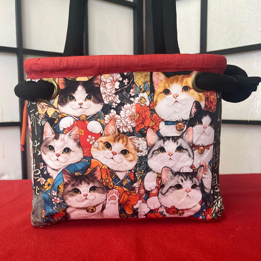 猫がいっぱい！ 一閑張り バッグ かごバッグ ハンドバッグ 和猫 茶トラ 小さめ