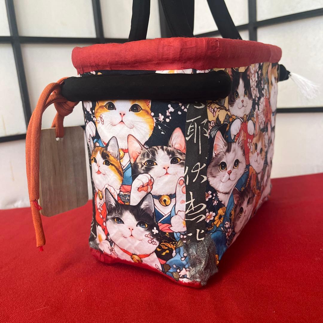 猫がいっぱい！ 一閑張り バッグ かごバッグ ハンドバッグ 和猫 茶トラ 小さめ