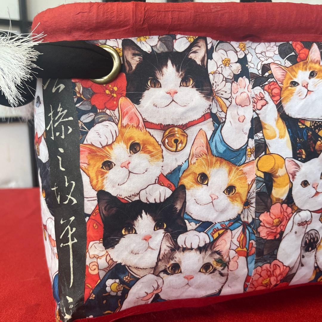 猫がいっぱい！ 一閑張り バッグ かごバッグ ハンドバッグ 和猫 茶トラ 小さめ