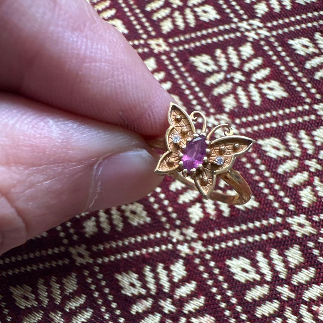 花モチーフ ピンク宝石 リングK18