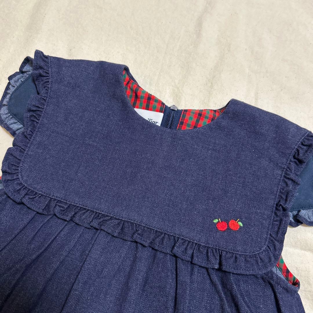 美品　ファミリア★デニム　セーラー　ワンピース　クマ刺繍　90