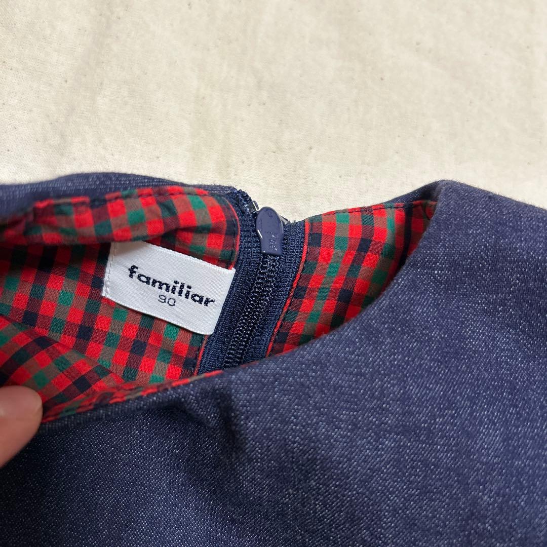 美品　ファミリア★デニム　セーラー　ワンピース　クマ刺繍　90