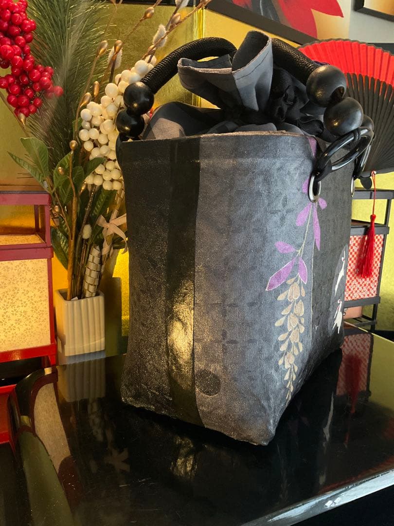 一閑張り　一閑張りバッグ　籠バッグ　和紙　花絵柄　着物　兎　京友禅　藤