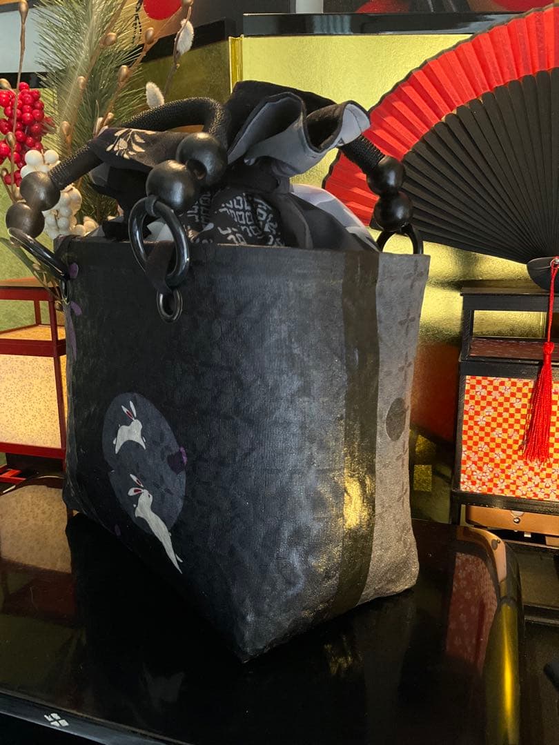 一閑張り　一閑張りバッグ　籠バッグ　和紙　花絵柄　着物　兎　京友禅　藤