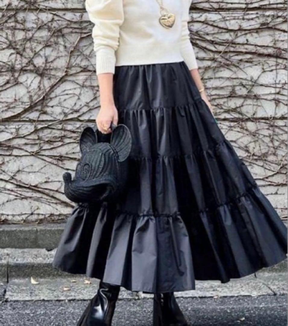 Cygne aki ティアード ロング スカート フレア ギャザー ブラック